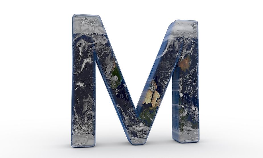 The Letter "M" decorated in the features of Planet Earth.